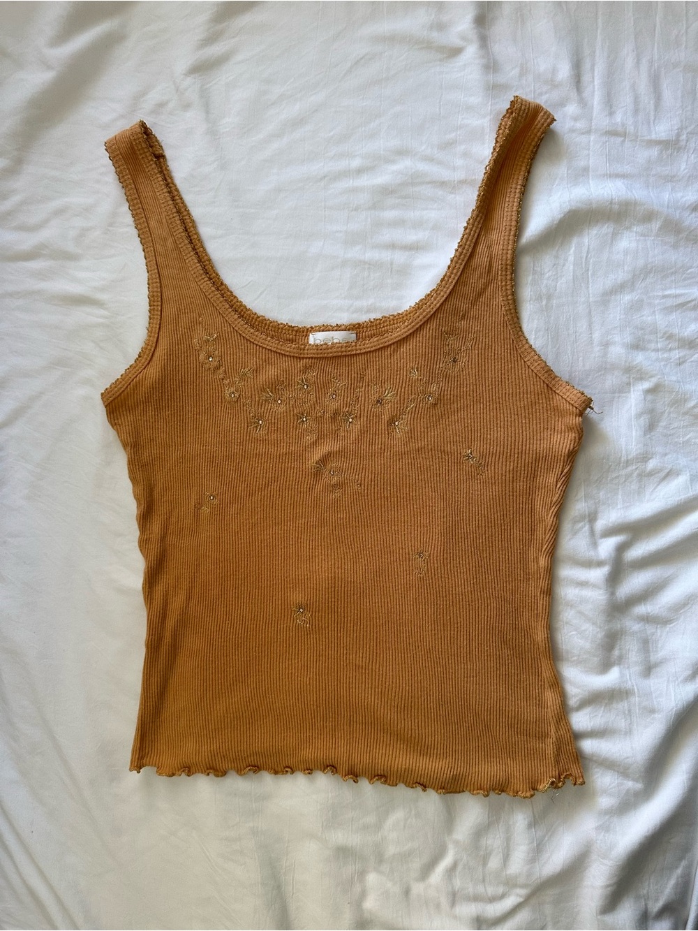 Bebe Ribbed Scoop Neck Tank Top - Mustard with Rhinestone Embroidered Detail